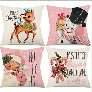 4Pc Vintage Style Christmas Holiday Linen Blend Santa 18” Throw Pillow Covers
